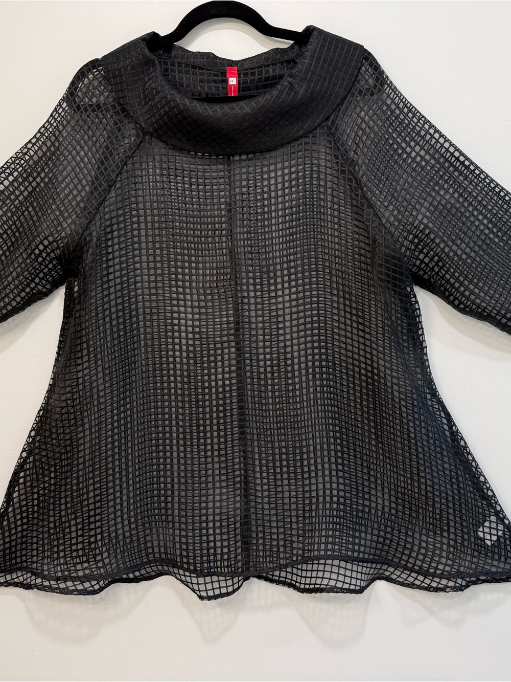 IC by Connie K A-Line Black Grid-Texture Mesh Top with Funnel Neck Like New